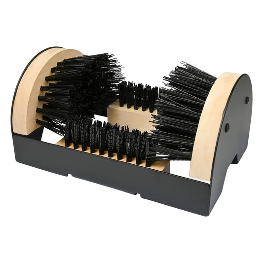 Schuhabstreifer aus Holz mit drei schwarzen Bürstenreihen und seitlich gebogenen Holzplatten. Die Bürsten sind nach innen gerichtet und in einem schwarzen Metallrahmen befestigt.