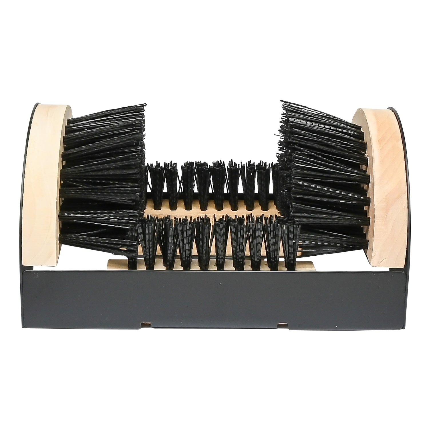 Frontansicht eines Schuhabstreifers mit schwarzen Bürsten auf Boden- und Seitenflächen, eingefasst in einem schwarzen Metallrahmen mit seitlichen Holzplatten.