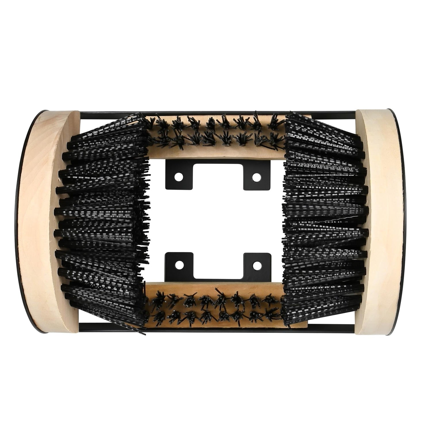 Draufsicht des Schuhabstreifers mit vier Bürstenreihen, zwei seitlichen Holzplatten und einer mittigen Metallhalterung mit Befestigungslöchern.