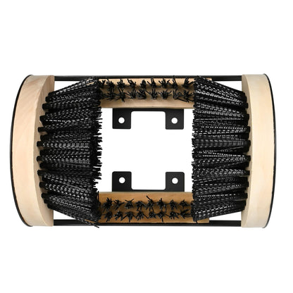 Draufsicht des Schuhabstreifers mit vier Bürstenreihen, zwei seitlichen Holzplatten und einer mittigen Metallhalterung mit Befestigungslöchern.