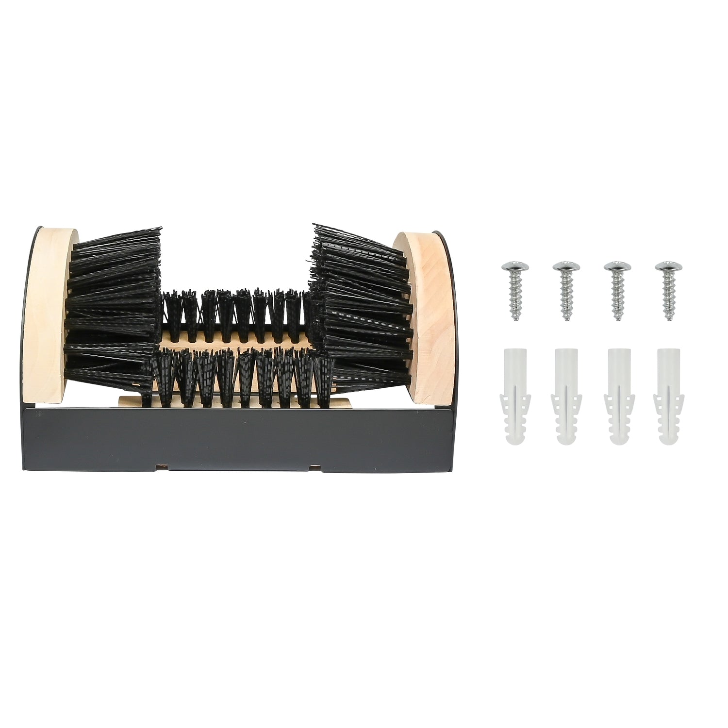 Schuhabstreifer aus Holz mit schwarzen Bürsten und passendem Befestigungsmaterial, bestehend aus vier Schrauben und vier Dübeln, auf weißem Hintergrund angeordnet.