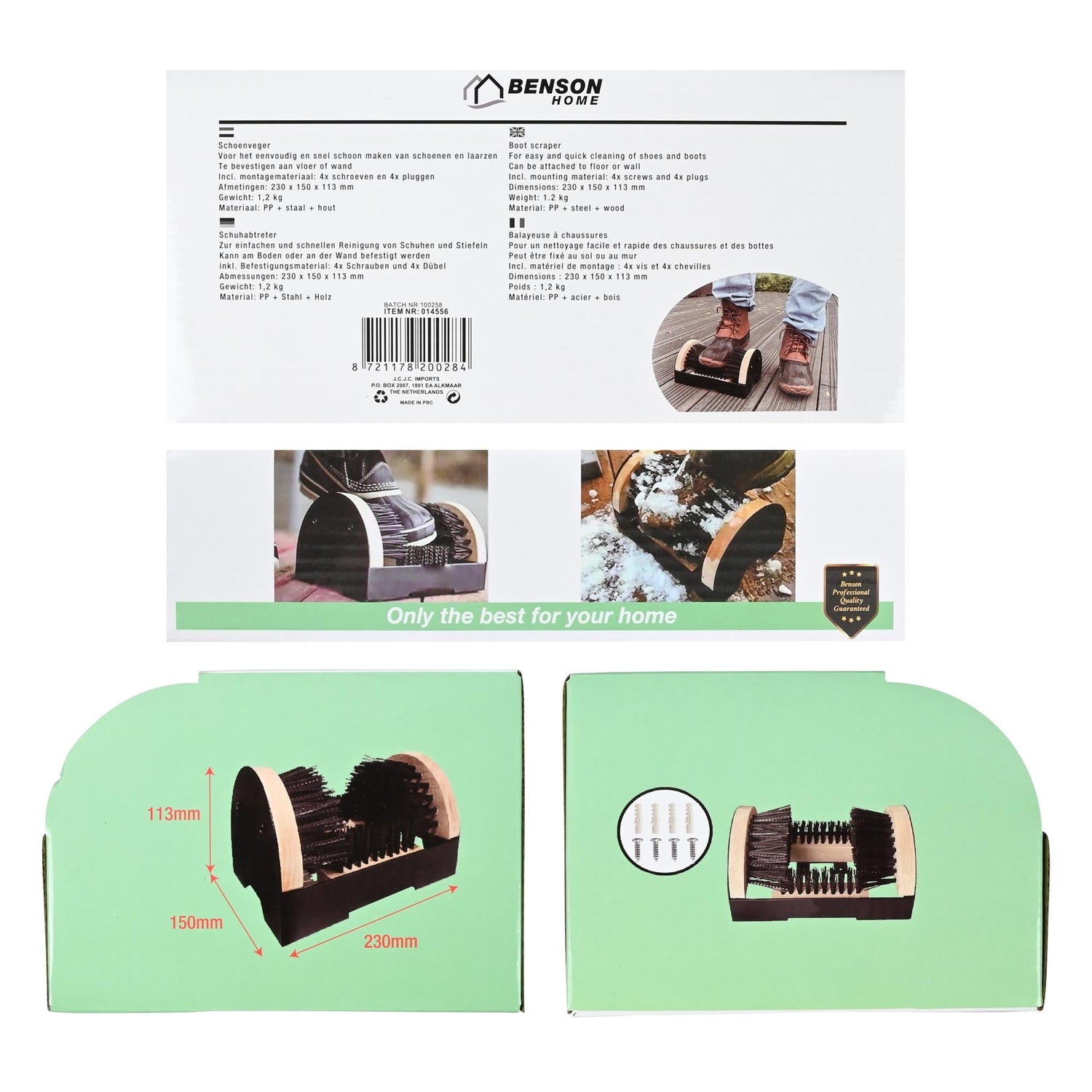 Rückseite der Verpackung des Schuhabstreifers mit Produktbeschreibungen in vier Sprachen, Maßangaben und Anwendungsfotos. Oben das Logo „Benson Home“.