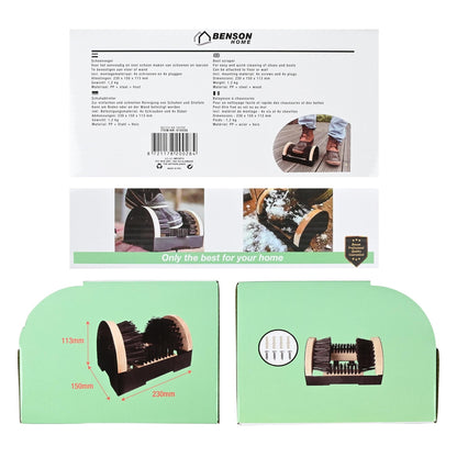 Rückseite der Verpackung des Schuhabstreifers mit Produktbeschreibungen in vier Sprachen, Maßangaben und Anwendungsfotos. Oben das Logo „Benson Home“.