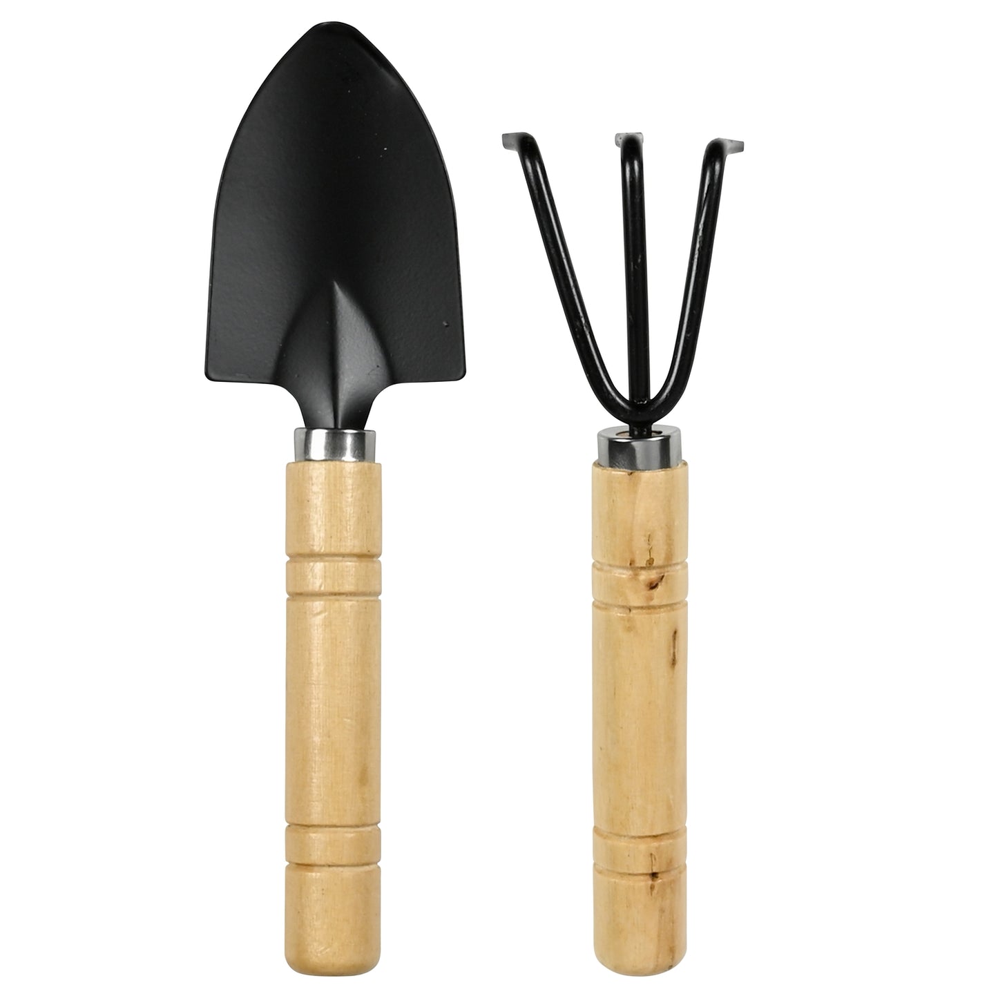 Handwerkzeug-Set bestehend aus einer kleinen Gartenschaufel und einer Dreizack-Hacke, beide mit Holzgriff und schwarzem Metallkopf, auf weißem Hintergrund.