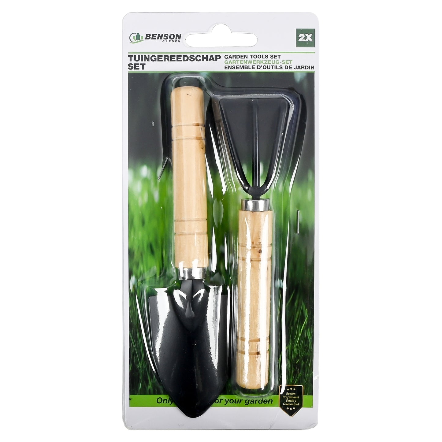 Zweiteiliges Gartenwerkzeug-Set mit Schaufel und Dreizack-Hacke aus Holz und schwarzem Metall, in transparenter Blisterverpackung mit grün-weißem Kartonhintergrund.