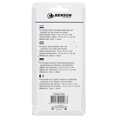 Rückseite der Verpackung des Gartenwerkzeug-Sets mit Produktbeschreibung und Maßen in vier Sprachen auf weißem Hintergrund.