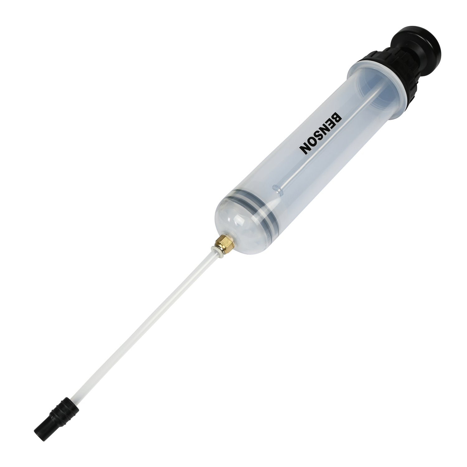 ransparente Handpumpe mit schwarzem Griff und angesetztem transparentem Schlauch, seitlich liegend dargestellt.