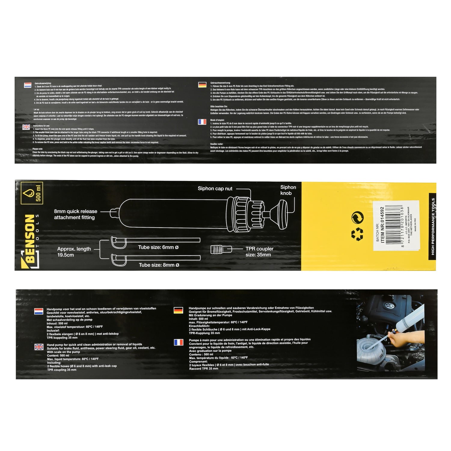 Rückseite der Verpackung einer Handpumpe mit technischen Zeichnungen und Beschriftungen der Teile sowie Text in mehreren Sprachen.