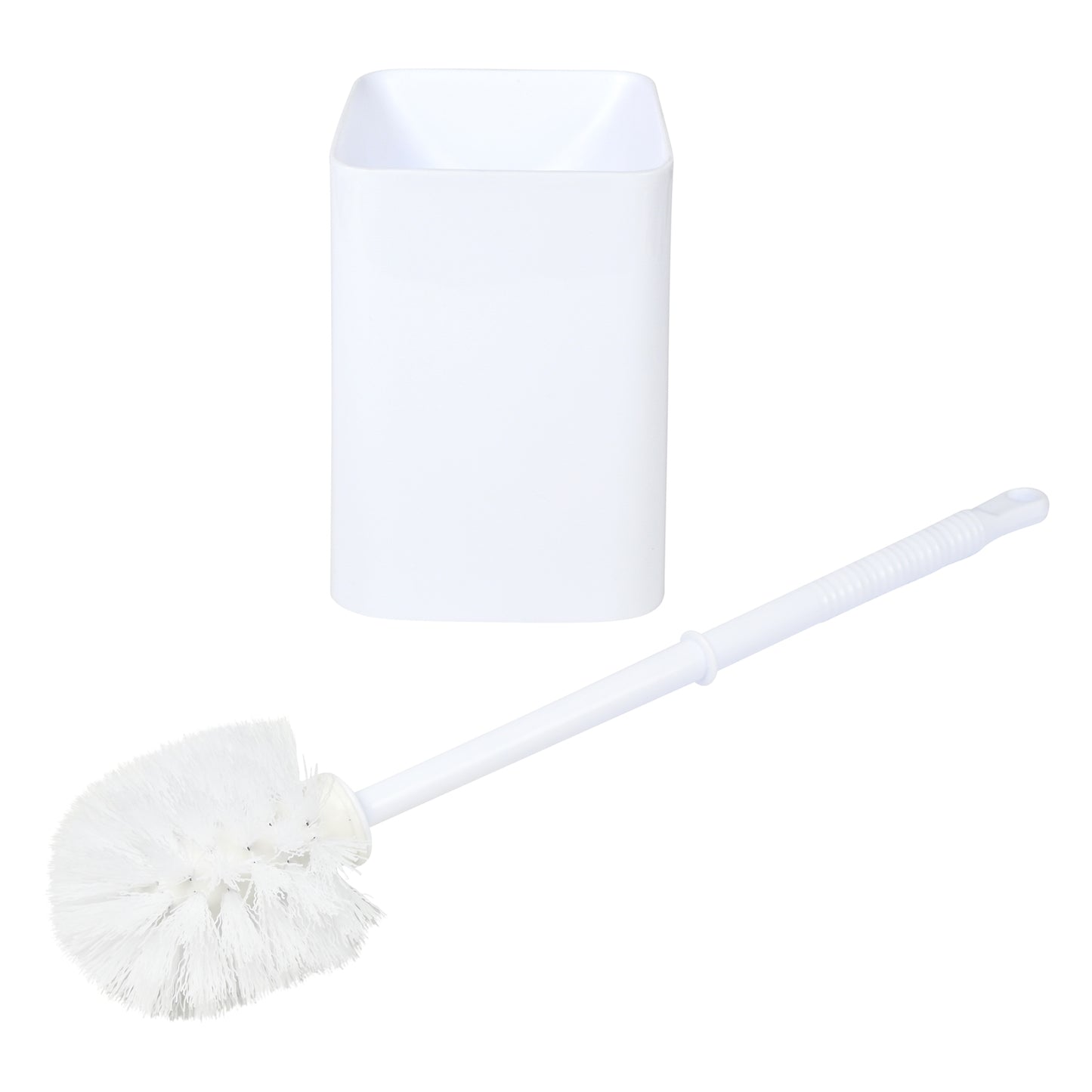 Weiße Toilettenbürste mit rundem Bürstenkopf und passendem quadratischen Halter aus Kunststoff, auf weißem Hintergrund dargestellt.