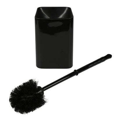 Schwarze Toilettenbürste mit rundem Bürstenkopf und passendem quadratischen Halter aus Kunststoff, auf weißem Hintergrund dargestellt.