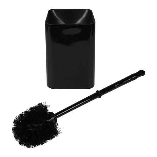 Schwarze Toilettenbürste mit rundem Bürstenkopf und passendem quadratischen Halter aus Kunststoff, auf weißem Hintergrund dargestellt.