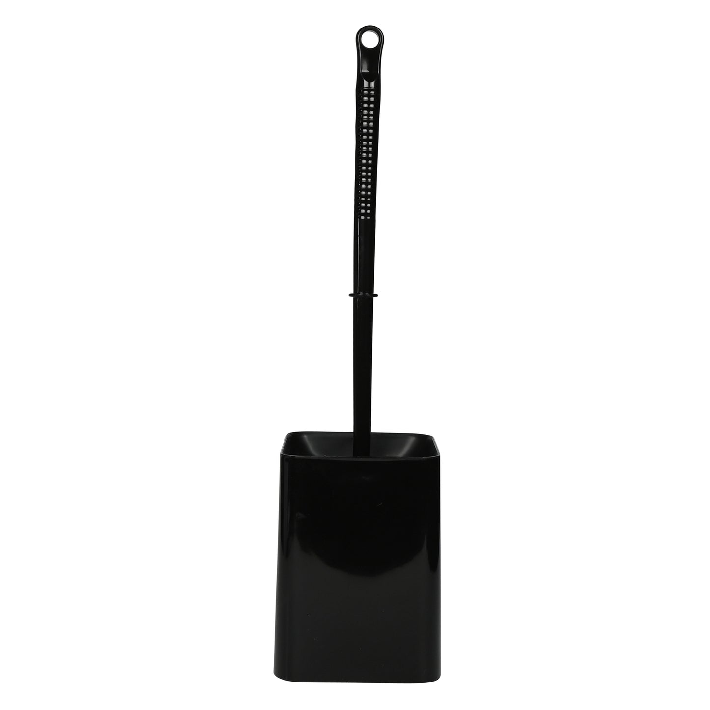 Toilettenbürste mit schwarzem Griff senkrecht im quadratischen schwarzen Halter stehend, frontal gezeigt.