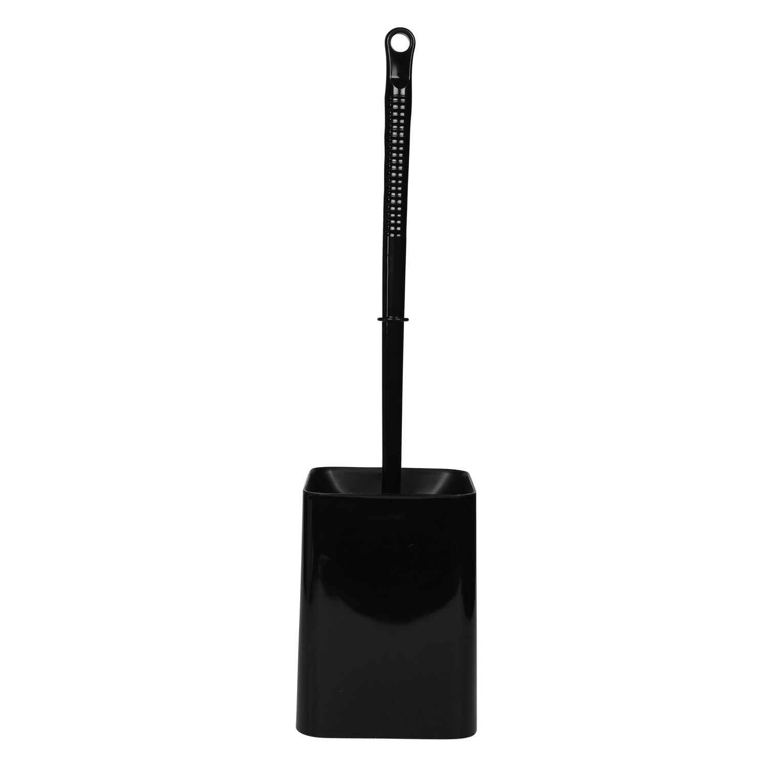 Toilettenbürste mit schwarzem Griff senkrecht im quadratischen schwarzen Halter stehend, frontal gezeigt.