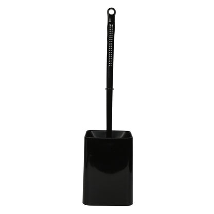 Toilettenbürste mit schwarzem Griff senkrecht im quadratischen schwarzen Halter stehend, frontal gezeigt.