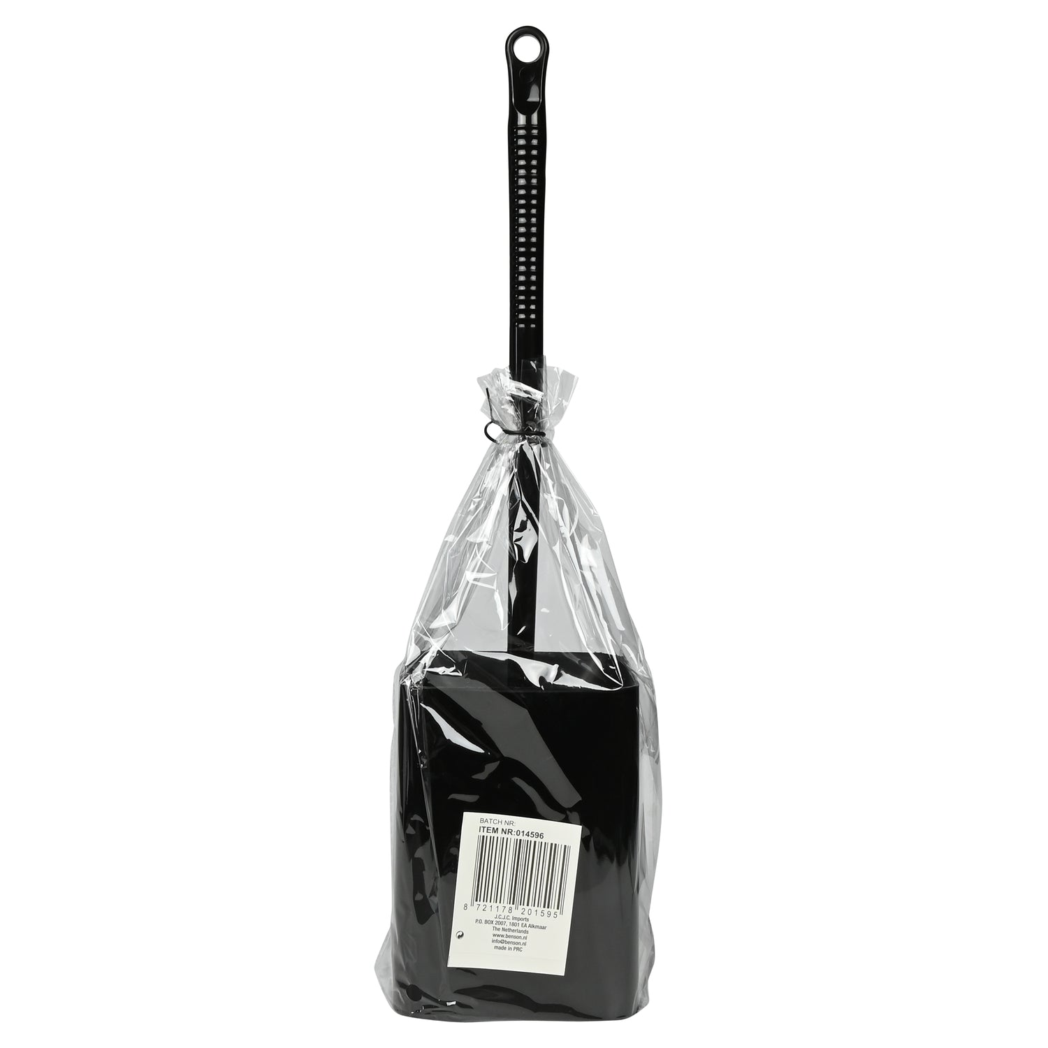 Toilettenbürste mit Halter in transparenter Kunststoffverpackung, Rückseite mit sichtbarem Barcodeetikett.