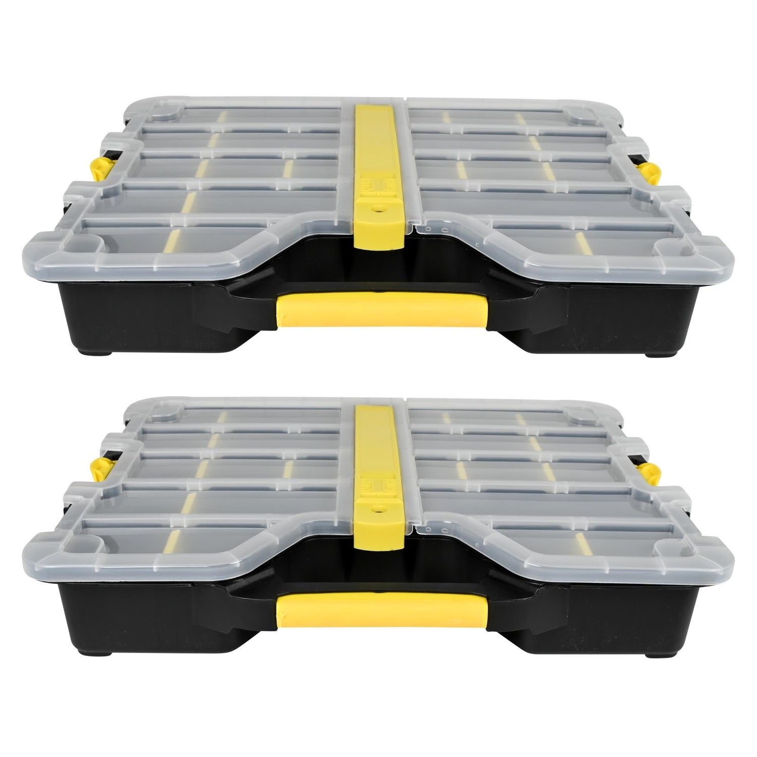 Zwei schwarze Sortimentskästen mit transparentem Deckel, gelben Verschlüssen und Griffen, gestapelt auf weißem Hintergrund.