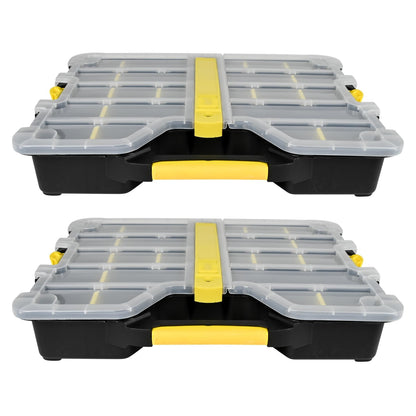 Zwei schwarze Sortimentskästen mit transparentem Deckel, gelben Verschlüssen und Griffen, gestapelt auf weißem Hintergrund.