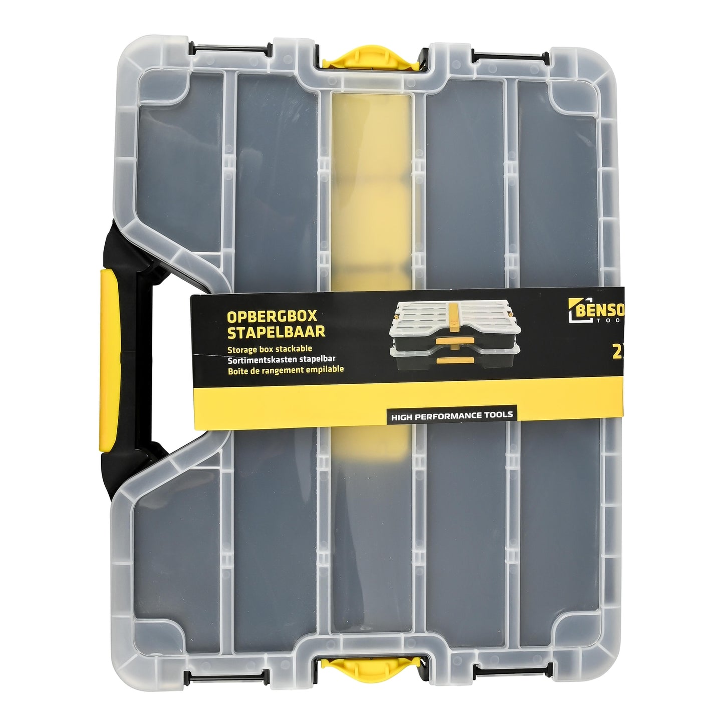 Verpackte Aufbewahrungsbox mit Etikett „Opbergbox Stapelbaar“, zeigt Produktbild und Herstellerlogo Benson Tools.