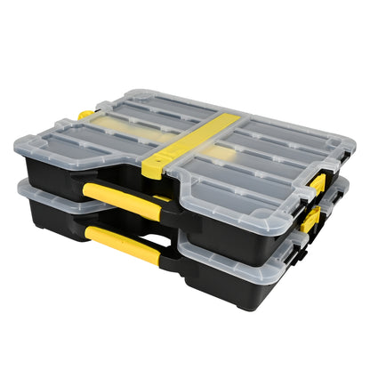 Zwei geschlossene Sortimentskästen mit transparentem Deckel und gelbem Griff übereinandergestapelt.