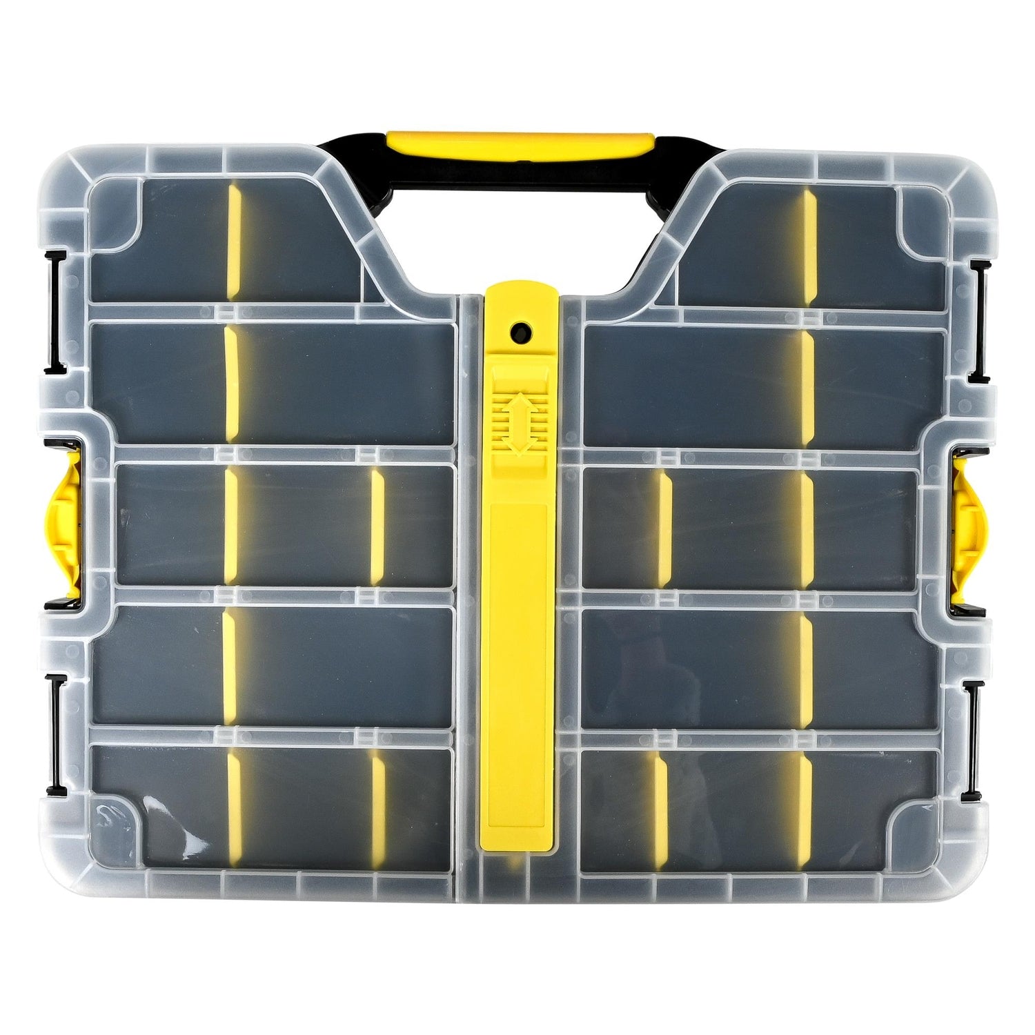 Geschlossener Sortimentskasten in Draufsicht, mit transparentem Deckel, gelben Trennwänden und mittigem Griff.