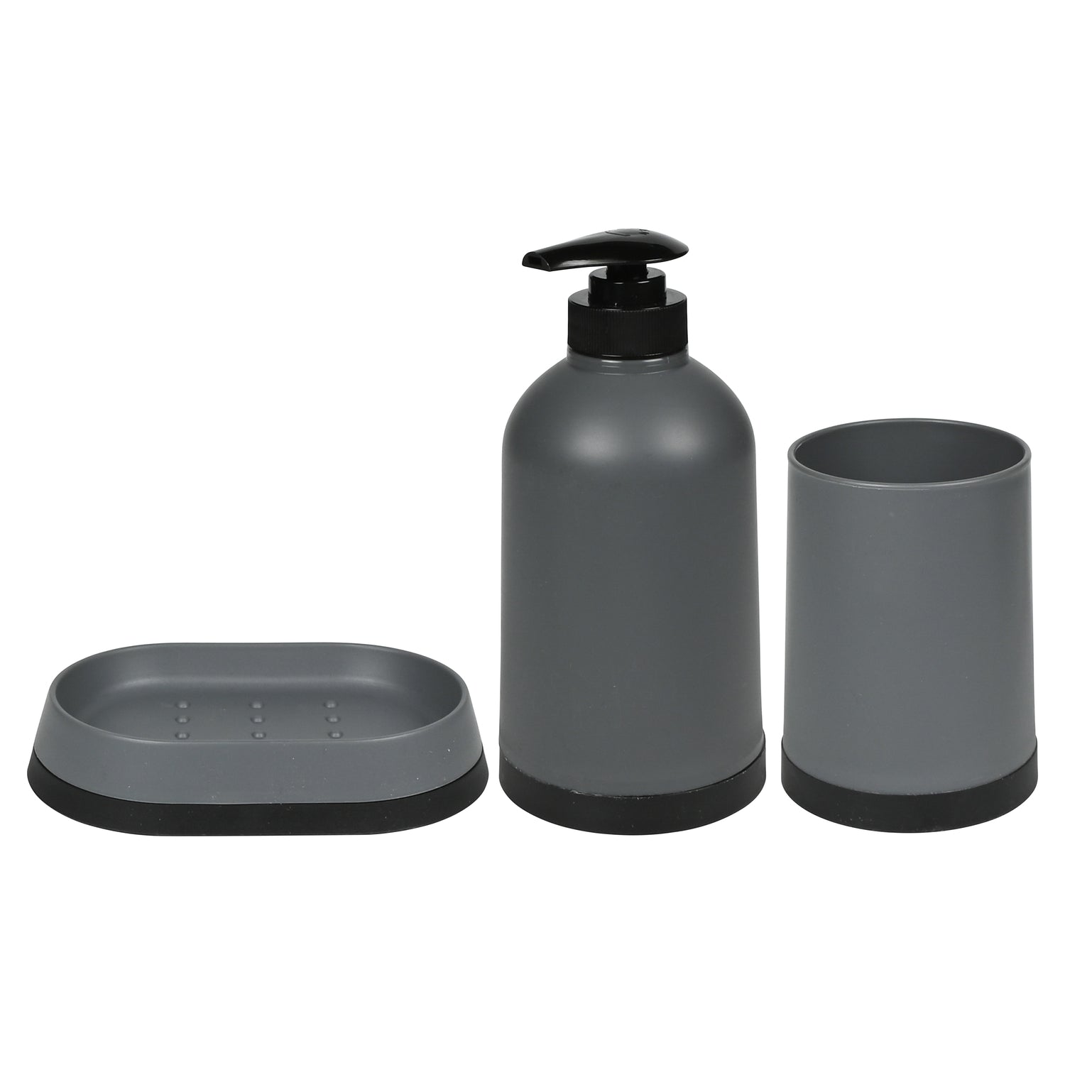 Graues 3-teiliges Badezimmerset bestehend aus Seifenschale, Seifenspender mit Pumpkopf und Becher, nebeneinander angeordnet.