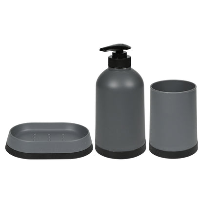 Graues 3-teiliges Badezimmerset bestehend aus Seifenschale, Seifenspender mit Pumpkopf und Becher, nebeneinander angeordnet.