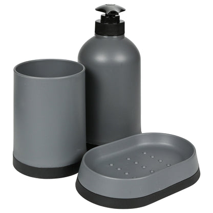 Graues Badezimmerset aus Becher, Seifenspender und Seifenschale, schräg angeordnet mit sichtbarem Pumpkopf.