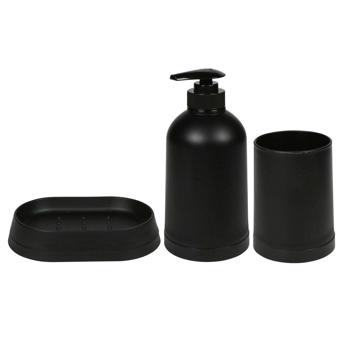 Schwarzes 3-teiliges Badezimmerset bestehend aus Seifenschale, Seifenspender mit Pumpkopf und Becher, nebeneinander angeordnet.