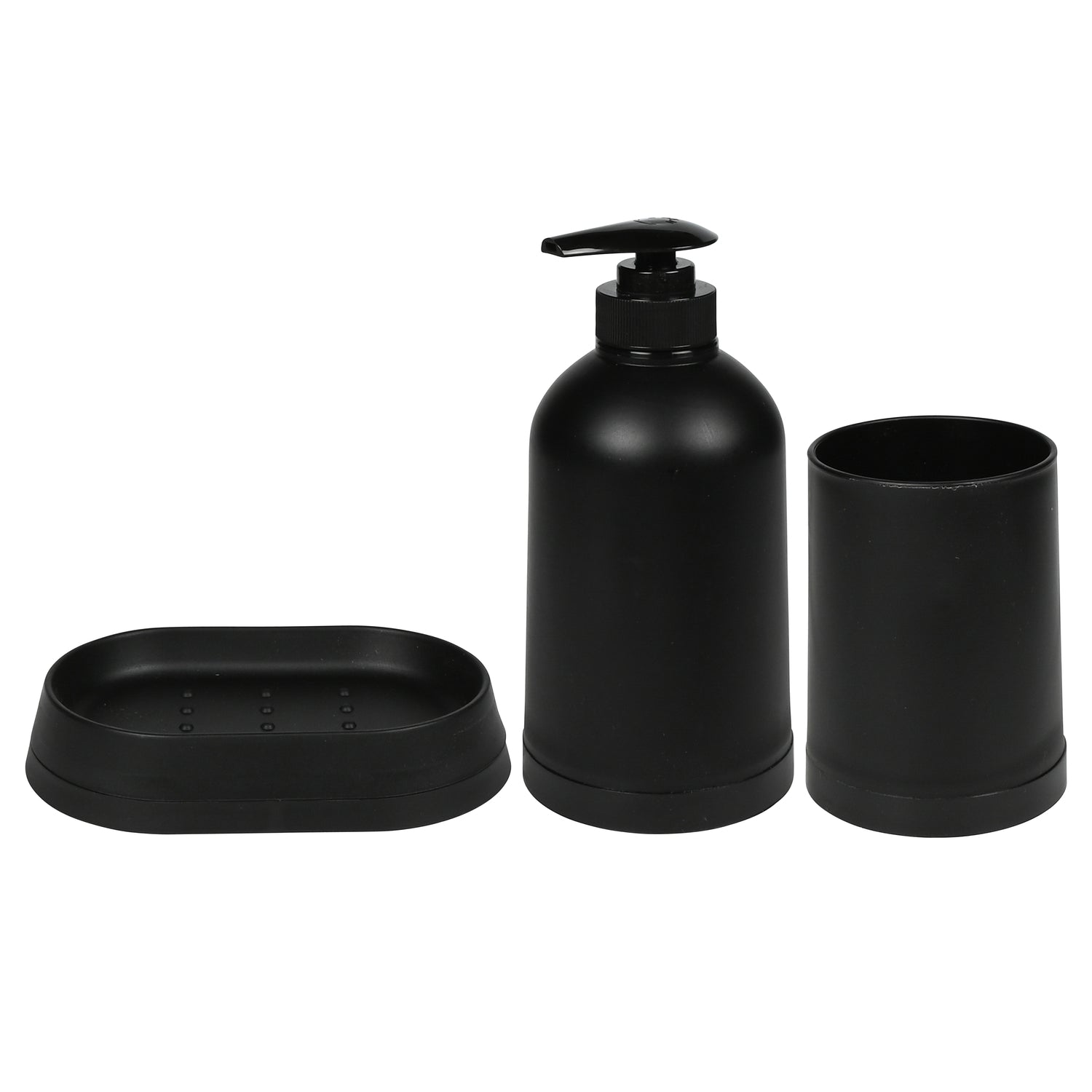 Schwarzes 3-teiliges Badezimmerset bestehend aus Seifenschale, Seifenspender mit Pumpkopf und Becher, nebeneinander angeordnet.