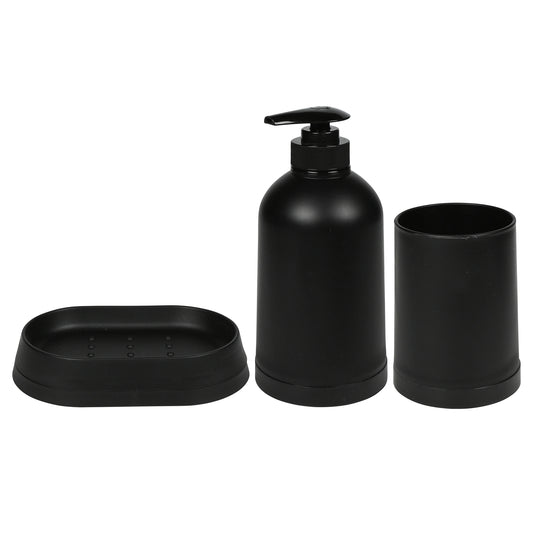 Schwarzes 3-teiliges Badezimmerset bestehend aus Seifenschale, Seifenspender mit Pumpkopf und Becher, nebeneinander angeordnet.