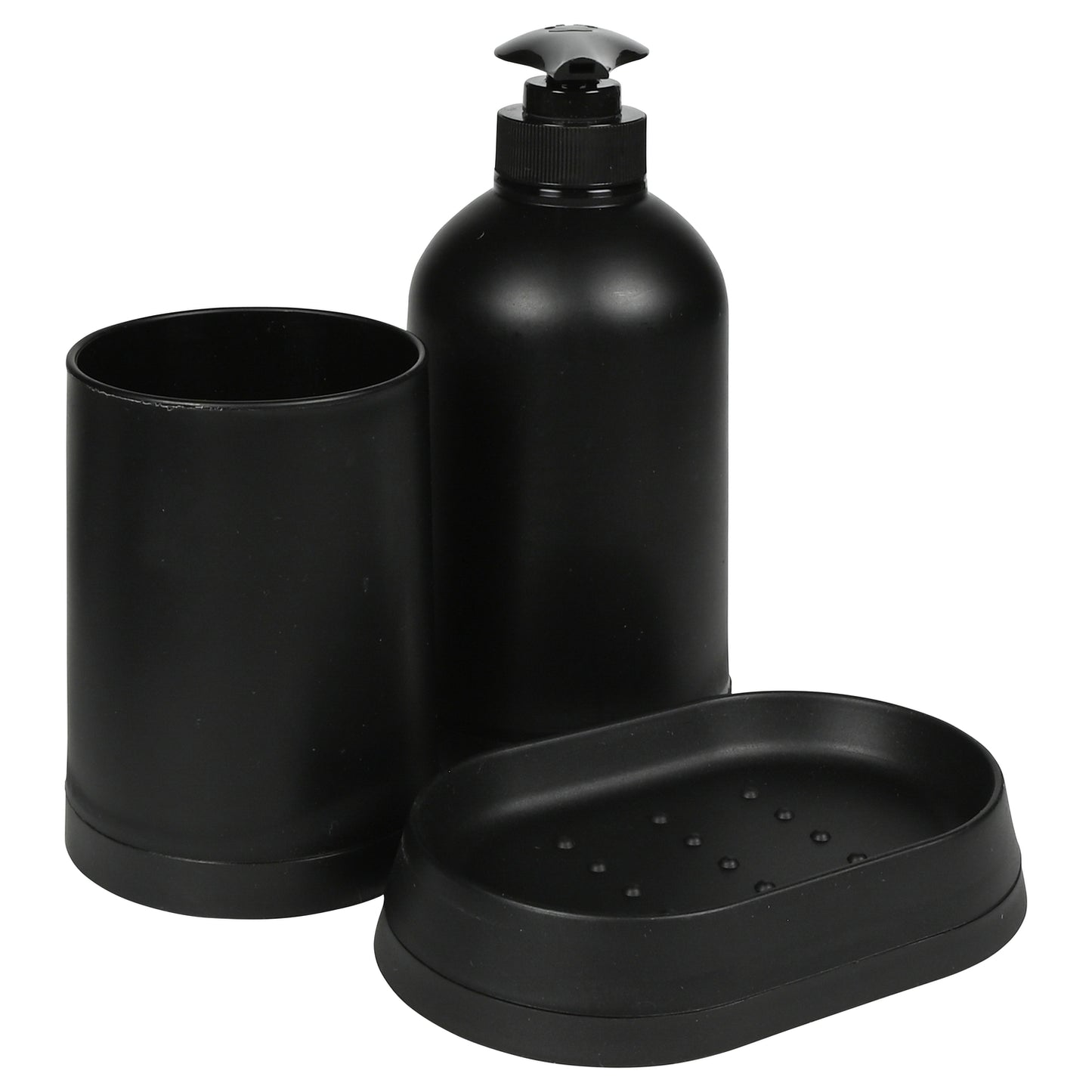 Schwarzes Badezimmerset aus Becher, Seifenspender und Seifenschale, schräg angeordnet mit sichtbarem Pumpkopf.
