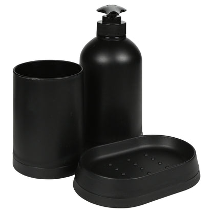 Schwarzes Badezimmerset aus Becher, Seifenspender und Seifenschale, schräg angeordnet mit sichtbarem Pumpkopf.