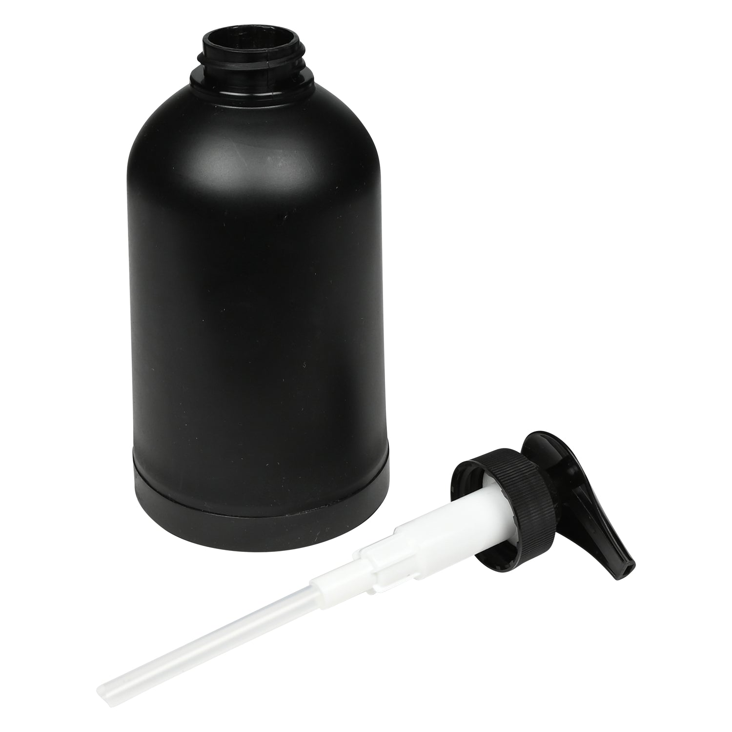 Schwarzer Seifenspender ohne Pumpaufsatz, daneben liegender Pumpmechanismus mit weißem Schlauch.