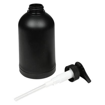 Schwarzer Seifenspender ohne Pumpaufsatz, daneben liegender Pumpmechanismus mit weißem Schlauch.