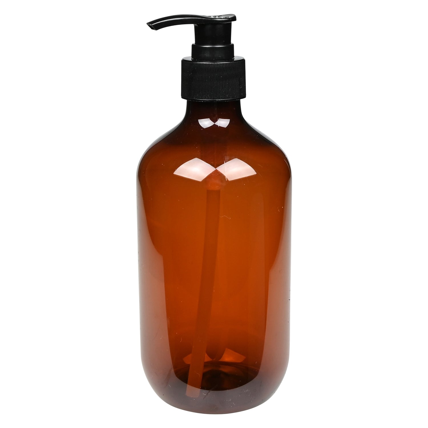 Braune Seifenspenderflasche aus Kunststoff mit schwarzem Pumpkopf, auf weißem Hintergrund stehend.