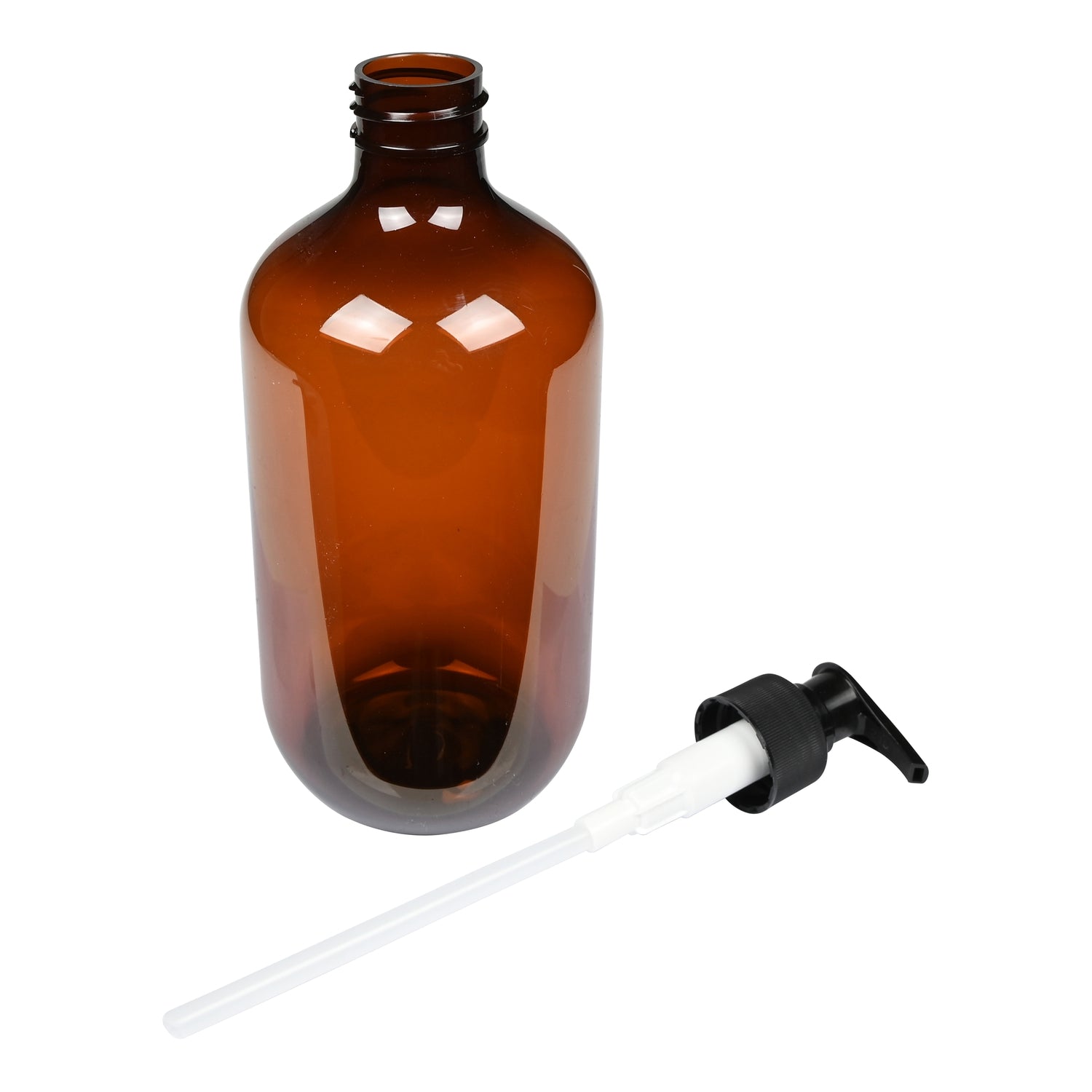 Braune Seifenspenderflasche mit abgenommenem schwarzen Pumpkopf, daneben liegendem Pumpmechanismus mit Schlauch.