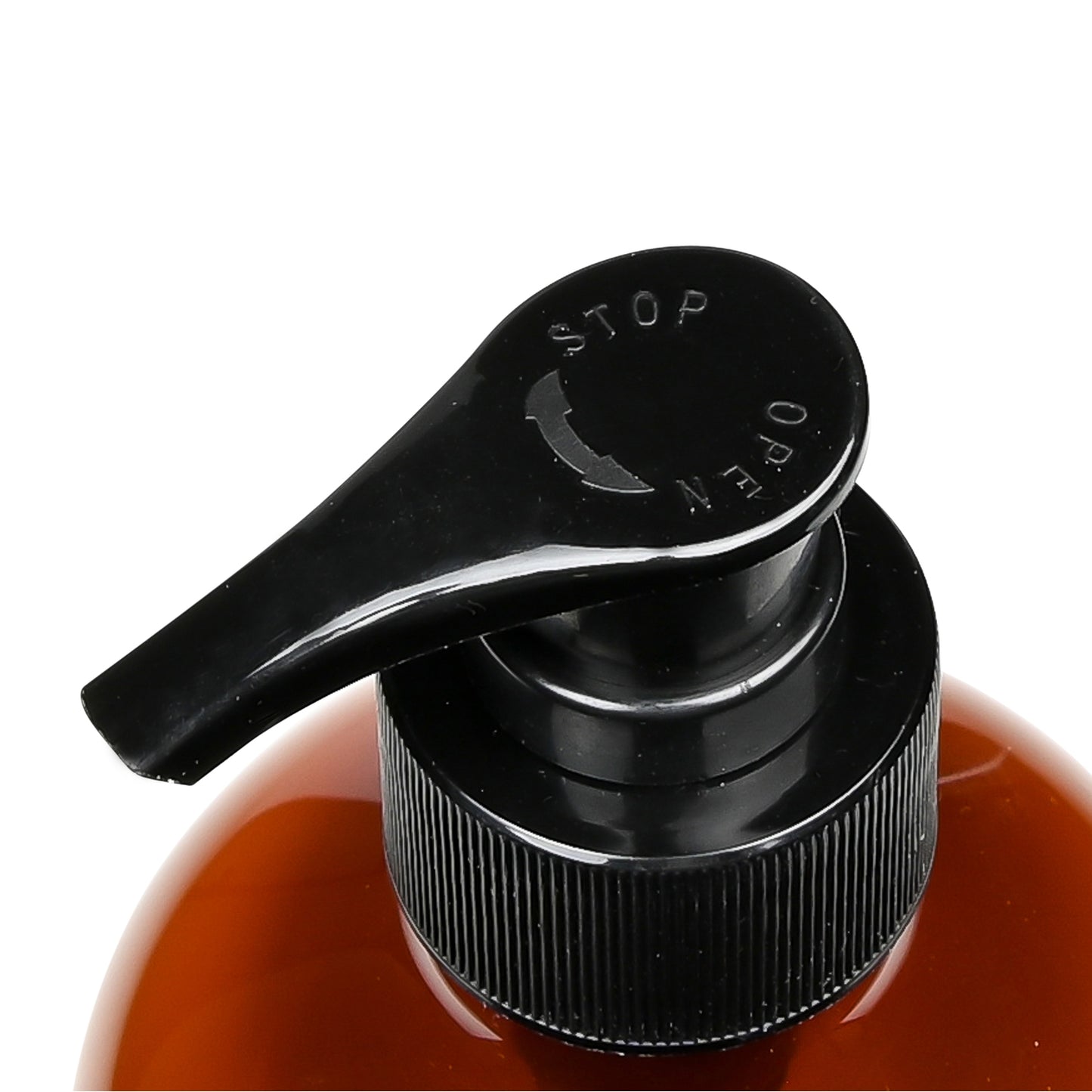 Nahaufnahme des schwarzen Pumpkopfes mit Drehverschluss und Beschriftung „STOP“ und „OPEN“.