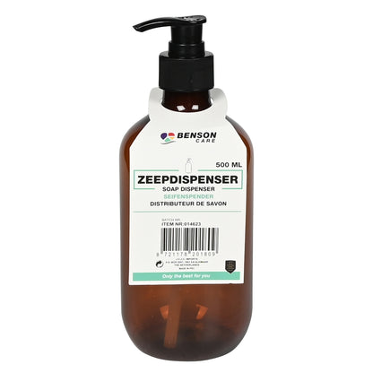 Brauner Seifenspender mit Etikett „ZEEPDISPENSER 500 ML“, schwarzem Pumpkopf und sichtbarem Innenrohr.