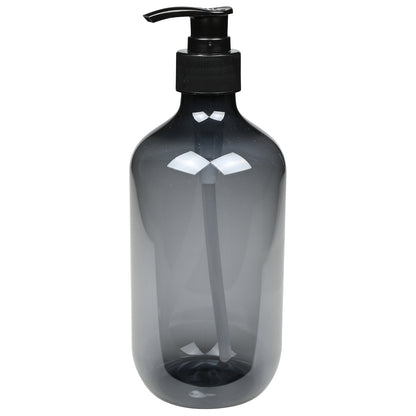 Blaugrauer transparenter Seifenspender mit schwarzem Pumpkopf, auf weißem Hintergrund stehend.