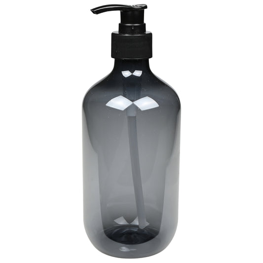 Blaugrauer transparenter Seifenspender mit schwarzem Pumpkopf, auf weißem Hintergrund stehend.