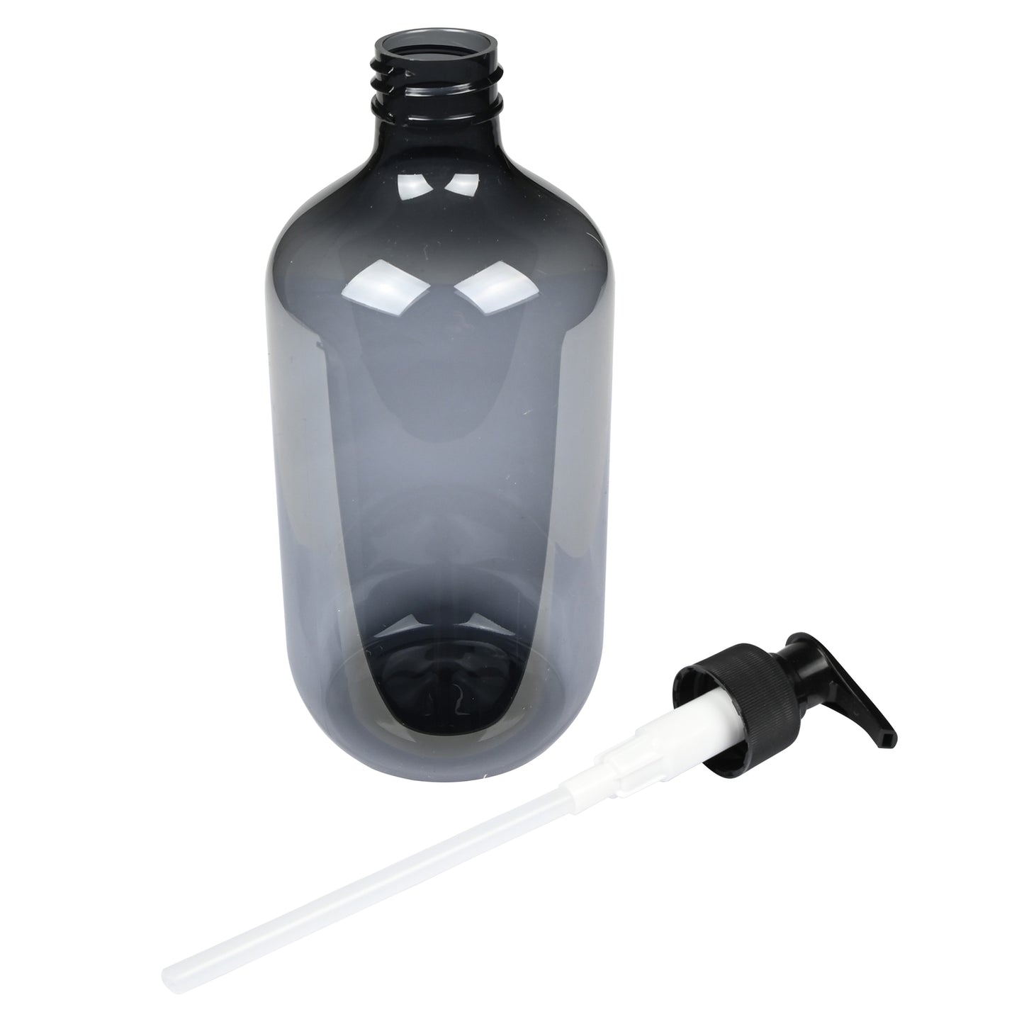 Blaugrauer transparenter Seifenspender mit abgenommenem schwarzen Pumpkopf, daneben liegendem Pumpmechanismus mit Schlauch.