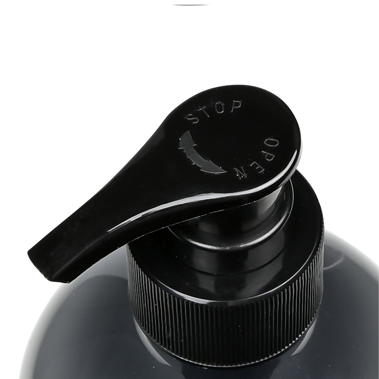 Nahaufnahme des schwarzen Pumpkopfes mit Drehverschluss und Beschriftung „STOP“ und „OPEN“.