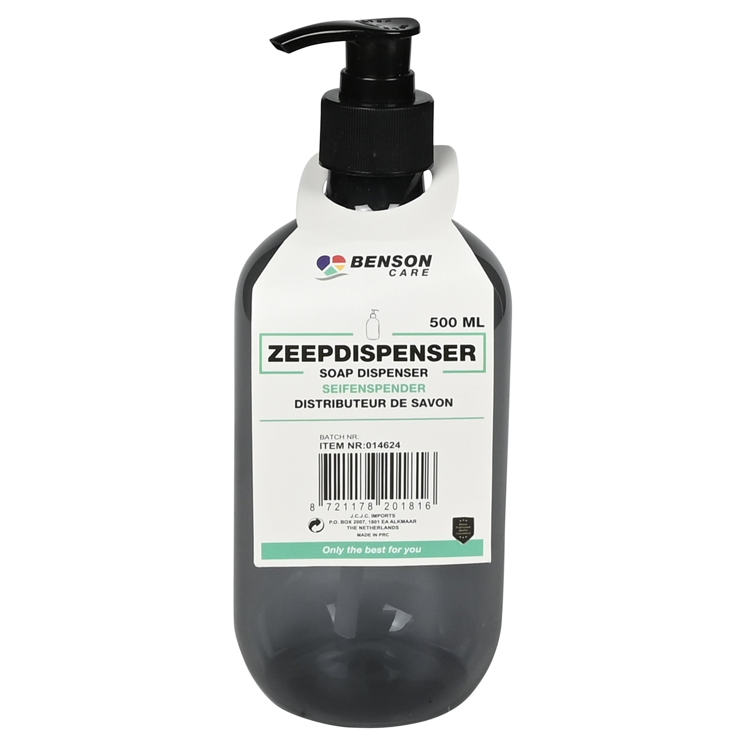 Blaugrauer transparenter Seifenspender mit Etikett „ZEEPDISPENSER 500 ML“, schwarzem Pumpkopf und sichtbarem Innenrohr.