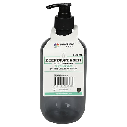 Blaugrauer transparenter Seifenspender mit Etikett „ZEEPDISPENSER 500 ML“, schwarzem Pumpkopf und sichtbarem Innenrohr.