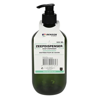 Grüner Seifenspender mit Etikett „ZEEPDISPENSER 500 ML“, schwarzem Pumpkopf und sichtbarem Innenrohr.