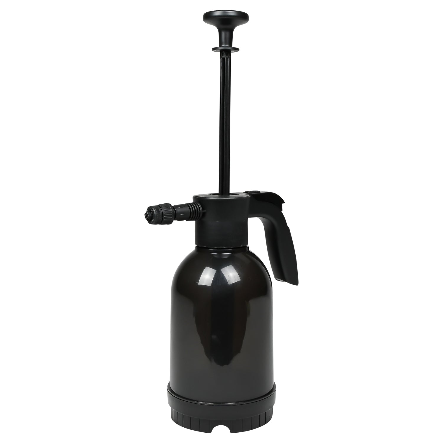 Schwarzer Pumpsprüher mit ausgezogener Pumpstange und seitlich angebrachter Düse, freigestellt vor weißem Hintergrund.