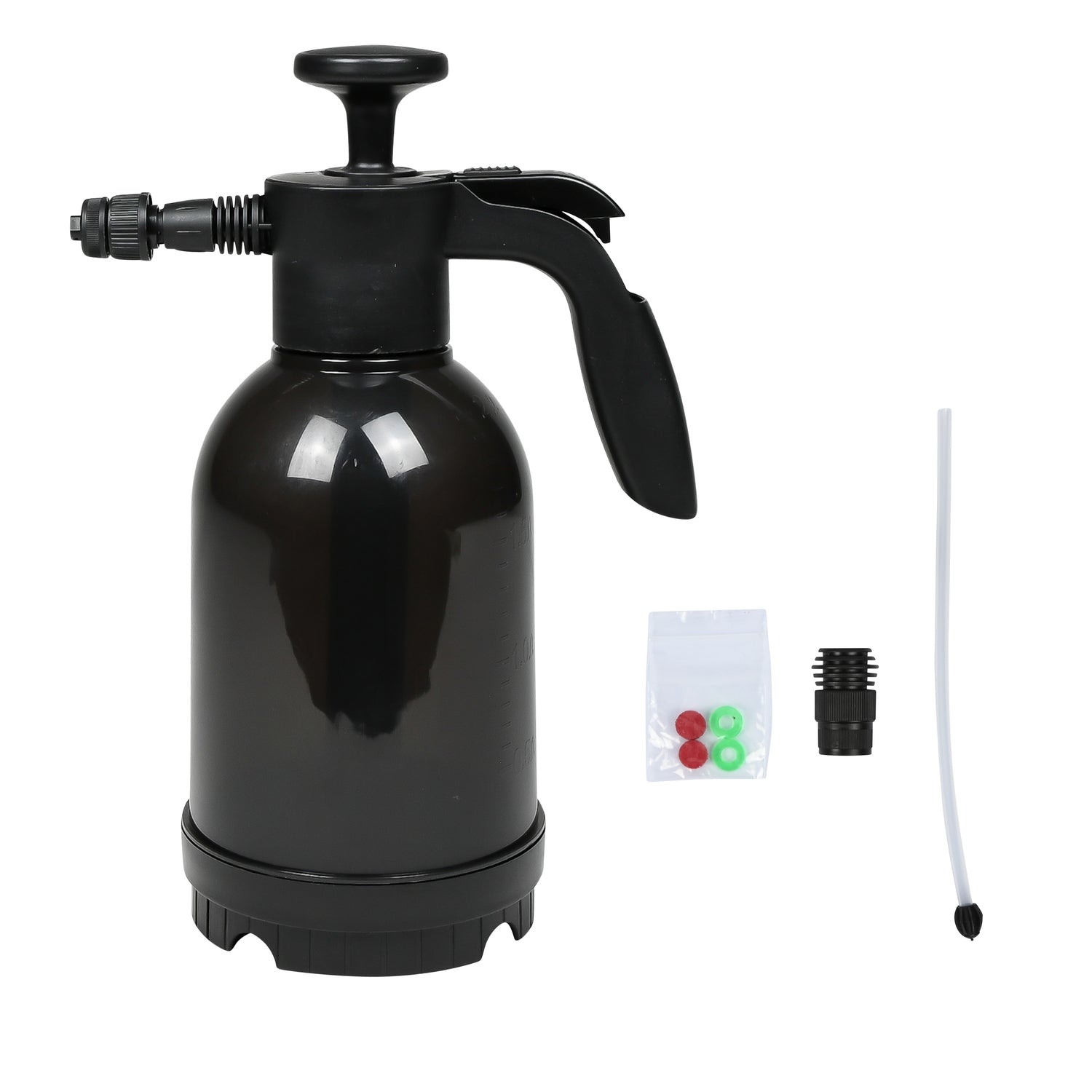 Schwarzer Pumpsprüher mit Griff, Pumpmechanik und Zubehörteilen: vier farbige Kugeln, ein Adapter und ein transparenter Schlauch. Alle Teile liegen nebeneinander auf weißem Hintergrund.