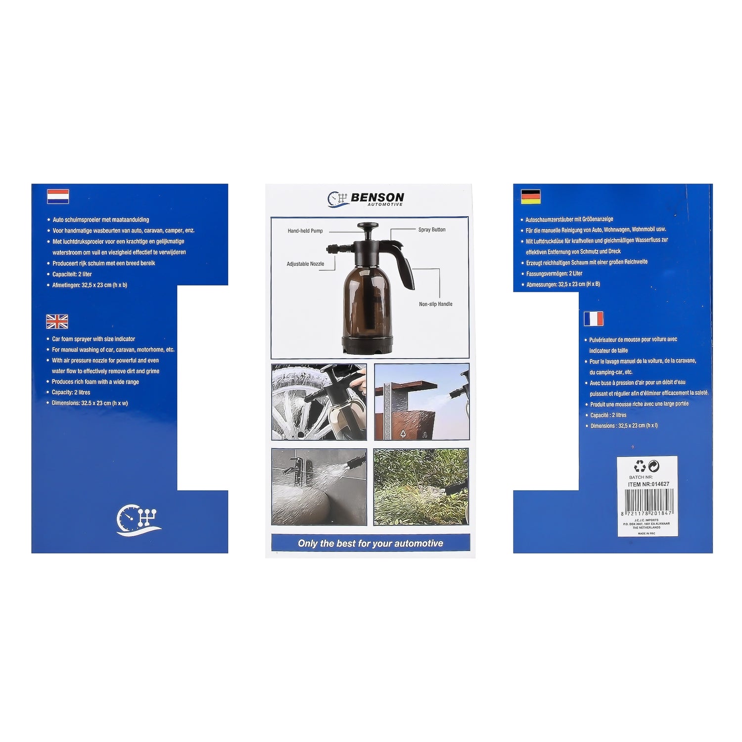 Rückseite einer Verpackung für einen Auto-Schaumsprüher mit mehrsprachigen Textfeldern, technischen Angaben und Produktfotos in der Mitte.