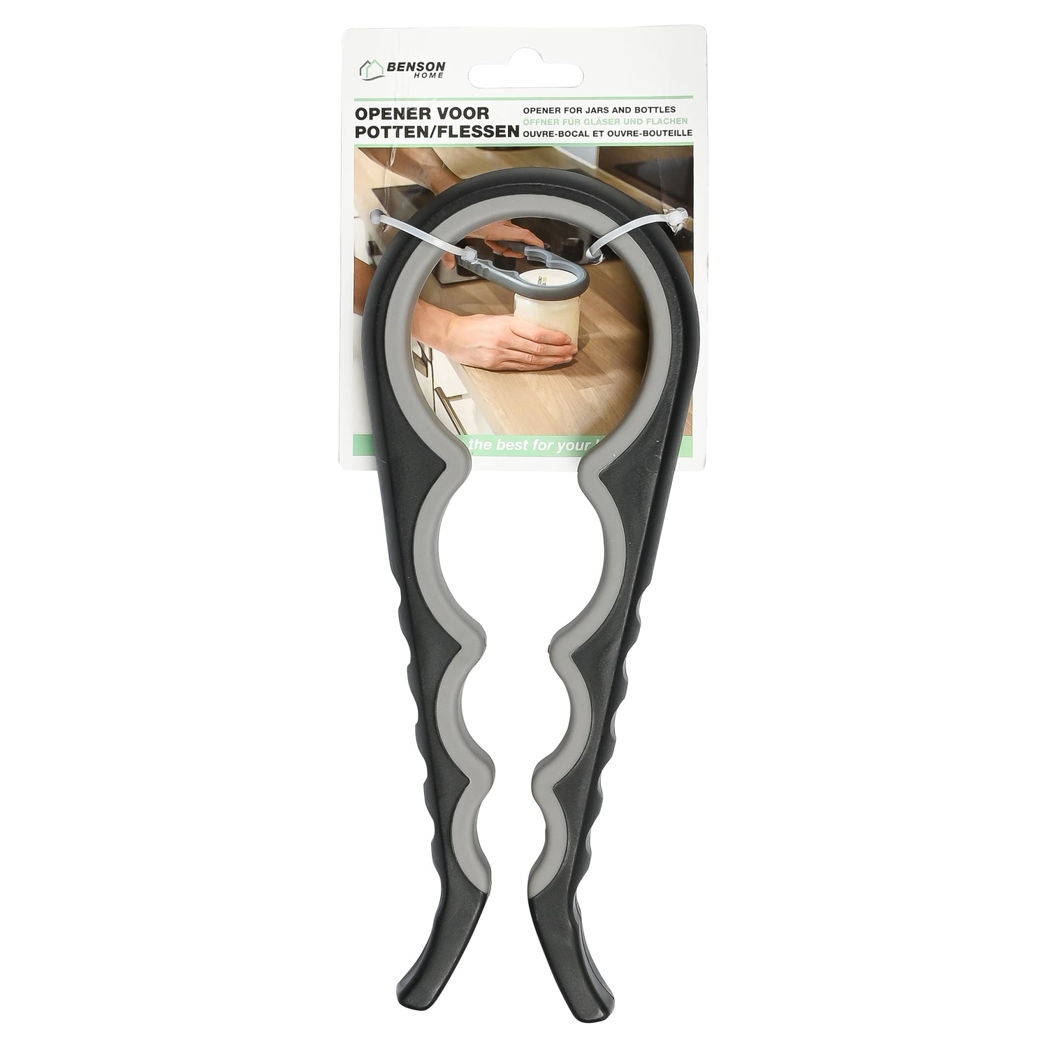 Glas- und Flaschenöffner aus schwarzem Kunststoff mit grauer Gummieinlage, befestigt an einer Produktverpackung von Benson Home mit Anwendungsbild, auf weißem Hintergrund.