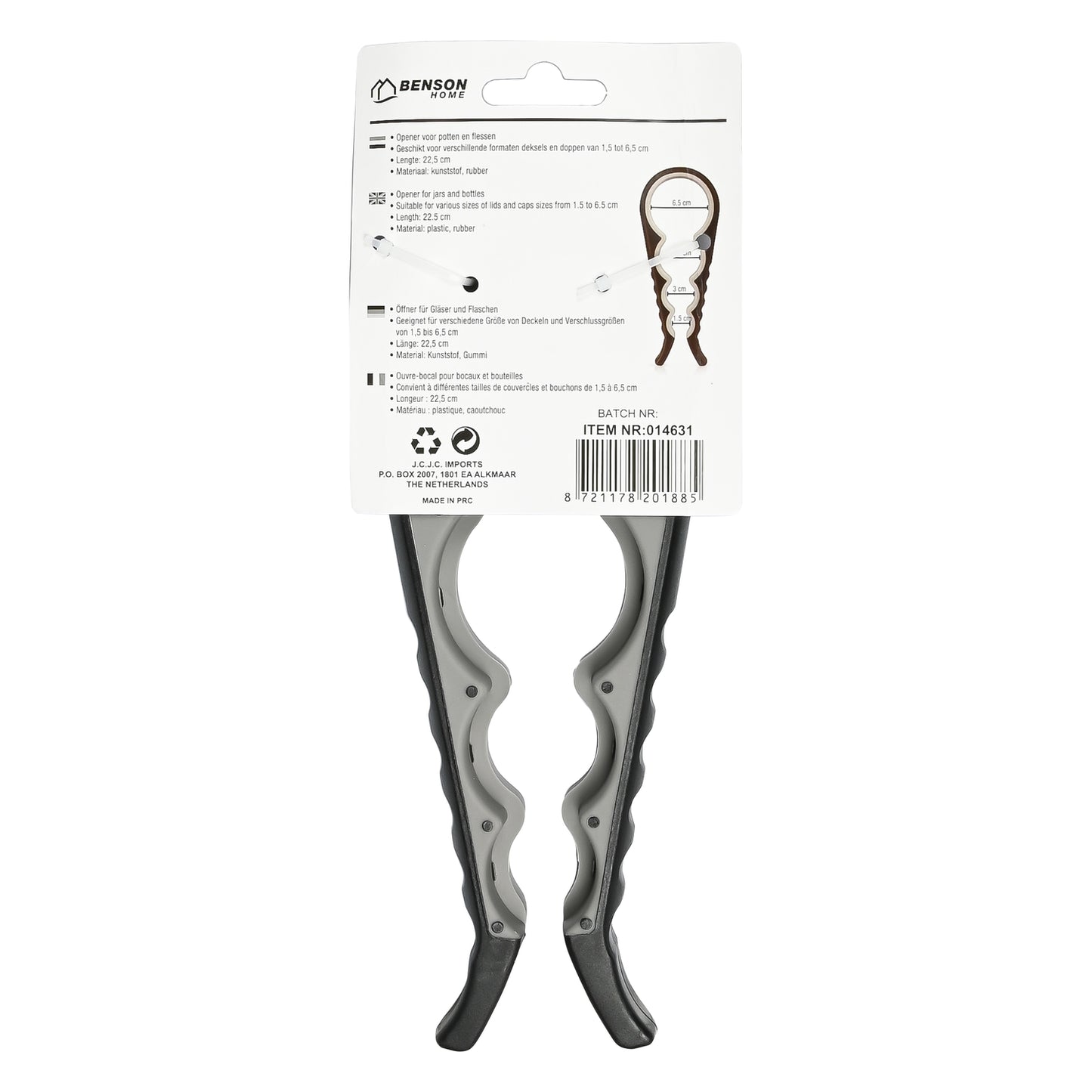 Rückseite der Verpackung eines Glas- und Flaschenöffners von Benson Home mit Produktinformationen, Maßangaben der Öffnungen und Barcode, auf weißem Hintergrund.